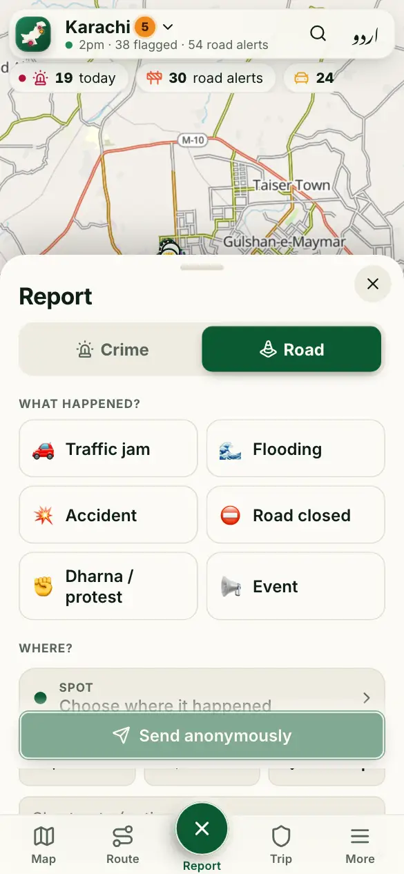 Screenshot: Report a crime or a road problem