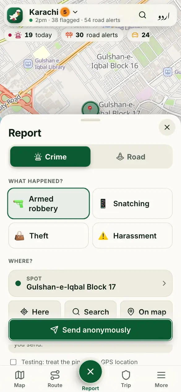 Screenshot: Report a crime or a road problem