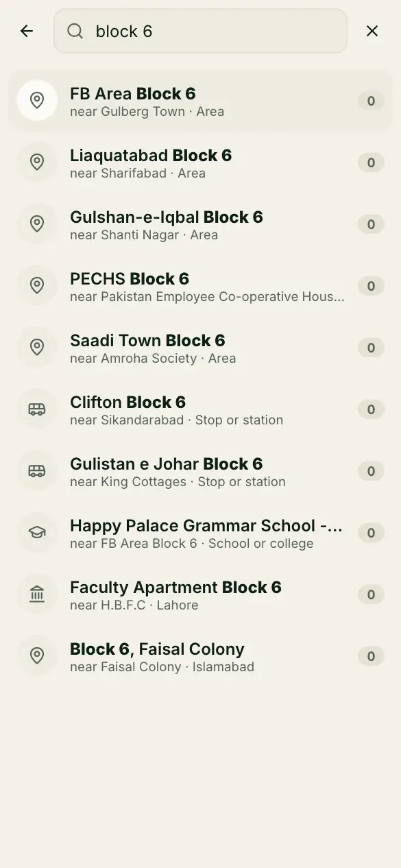 Screenshot: Find a place and check an area