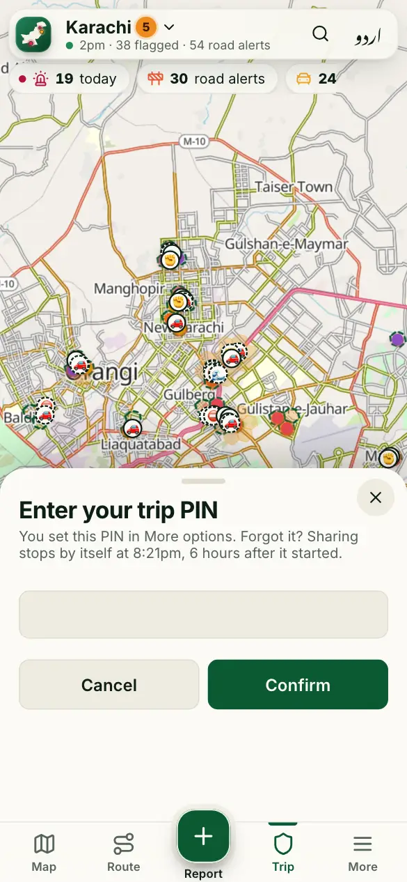 Screenshot: SOS, “Are you OK?” and the trip PIN